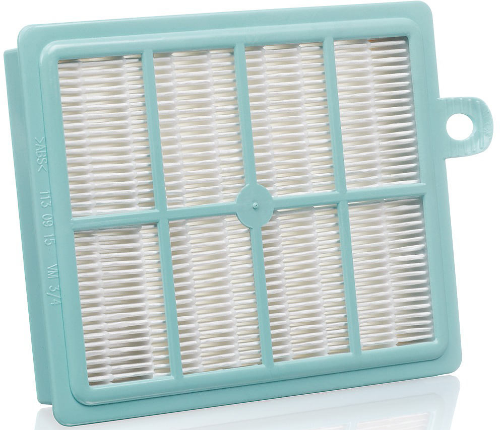 Ein teal-gerahmter Luftfilter mit weißem, plissiertem Filtermaterial.