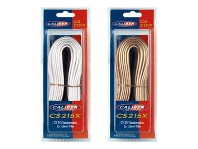 Two speaker cables in packaging. One white, one gold. Packaging is red and blue, with Caliber and CS215X labels.