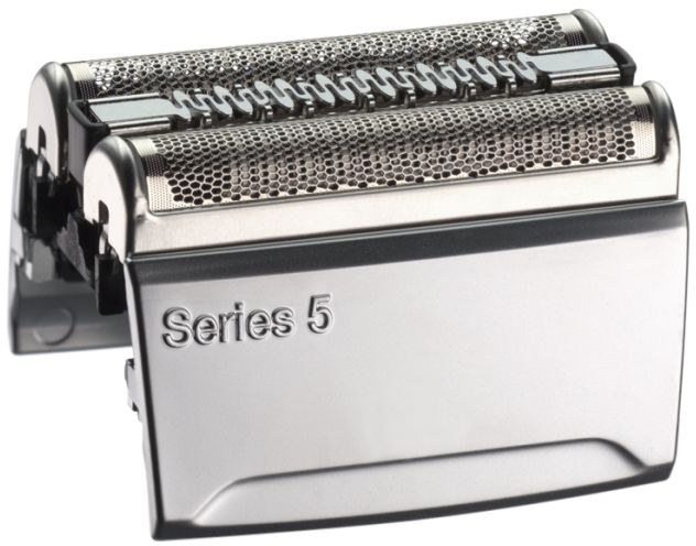 Nahaufnahme eines Ersatzkopfes für einen Elektrorasierer der Serie 5, metallisch, mit zwei Klingen.