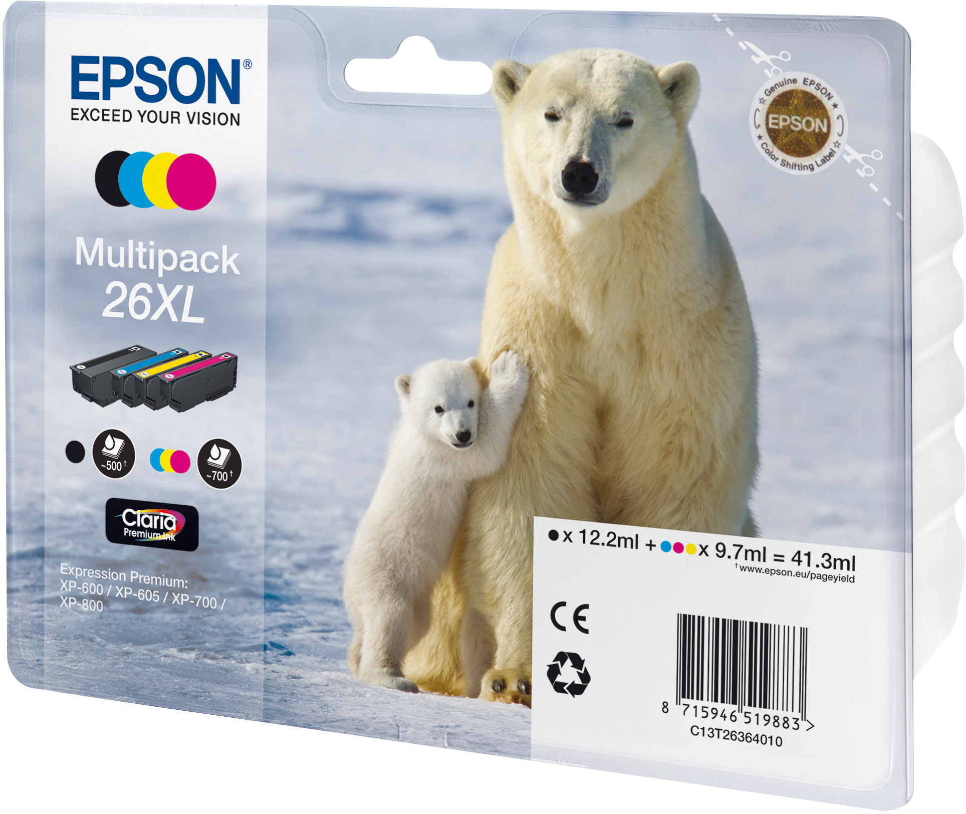 Epson Tintenpatronenbox, weißer Hintergrund, Eisbär und Junges darauf.