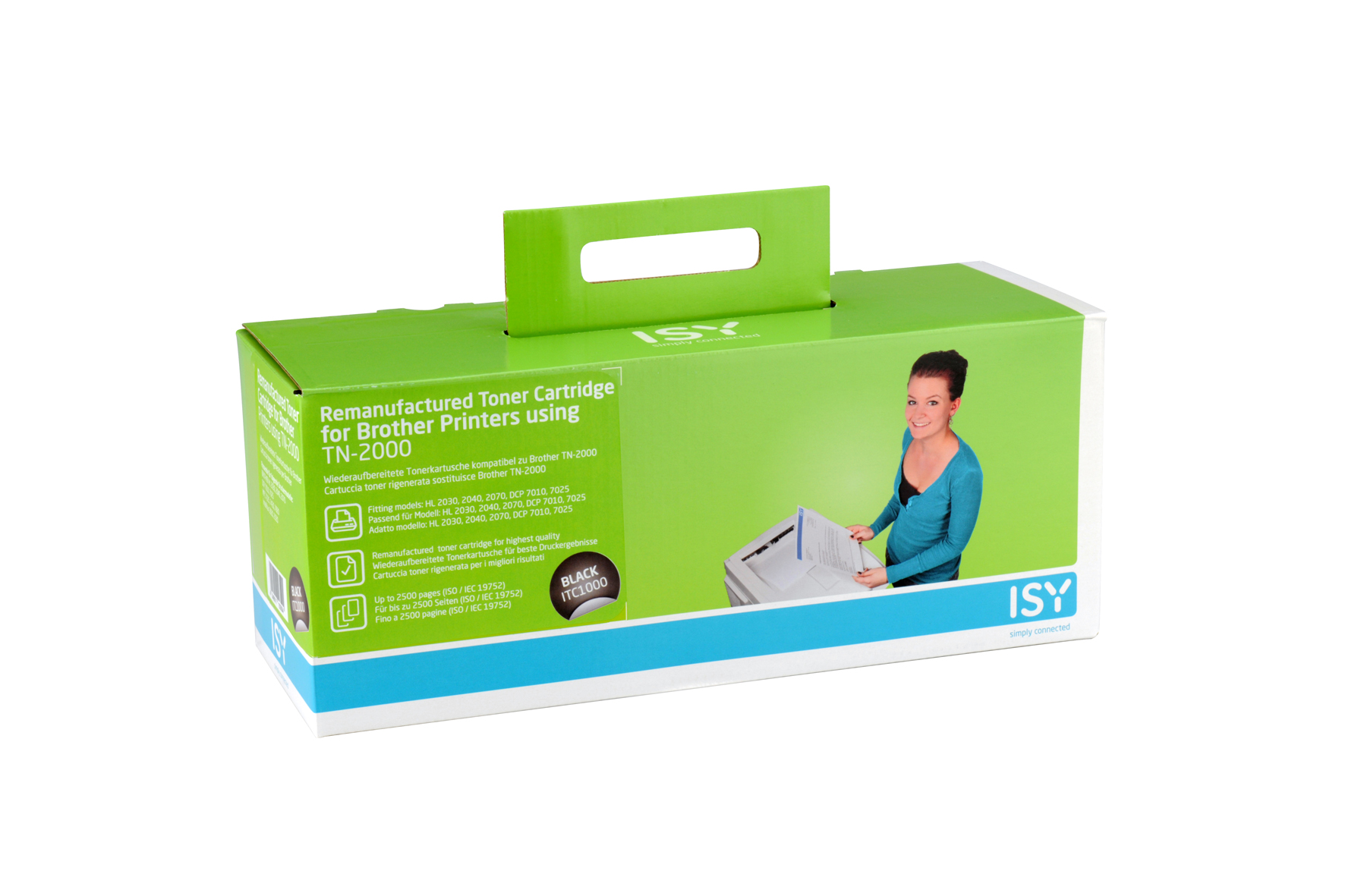 Grüne und weiße Box mit Griff, enthält Tonerkartusche. Eine Frau und ein Drucker befinden sich auf der Box.
