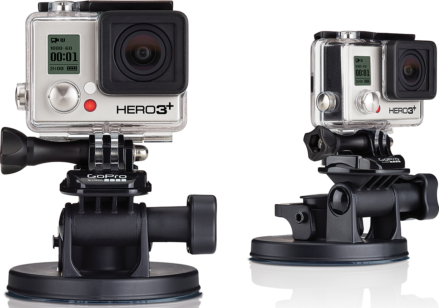 Zwei GoPro HERO3+ Kameras, montiert auf Saugnapfhalterungen, in verschiedene Richtungen.