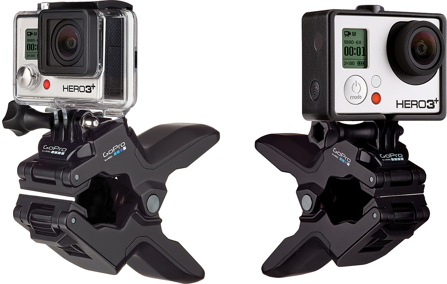 Zwei GoPro HERO3+ Kameras mit Halteklammern, nebeneinander, schwarz und silber.
