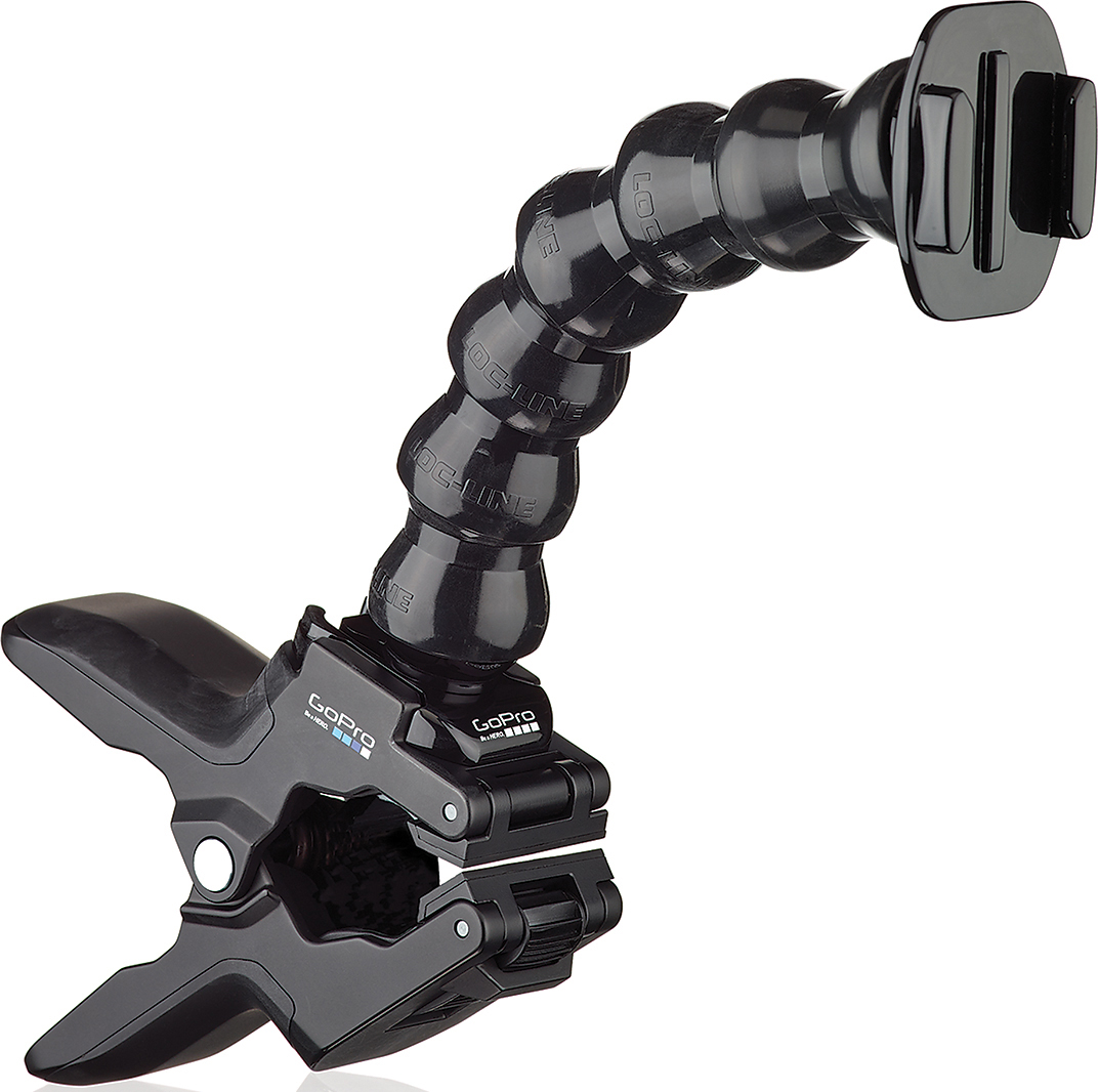 Schwarze flexible GoPro-Halterung mit Klemme und verstellbarem Arm.