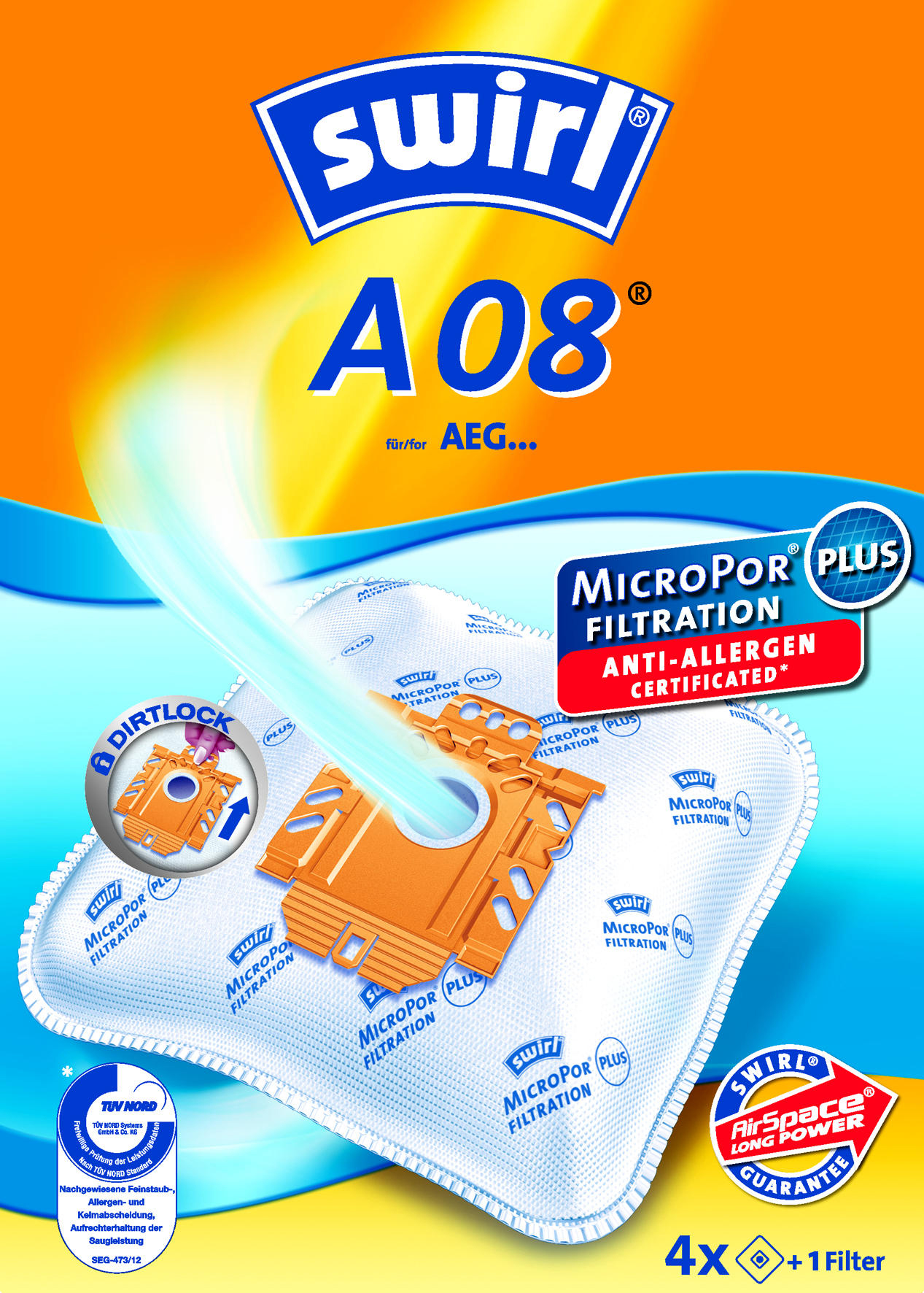Staubsaugerbeutel. Swirl A08 mit Text in Orange und Blau.