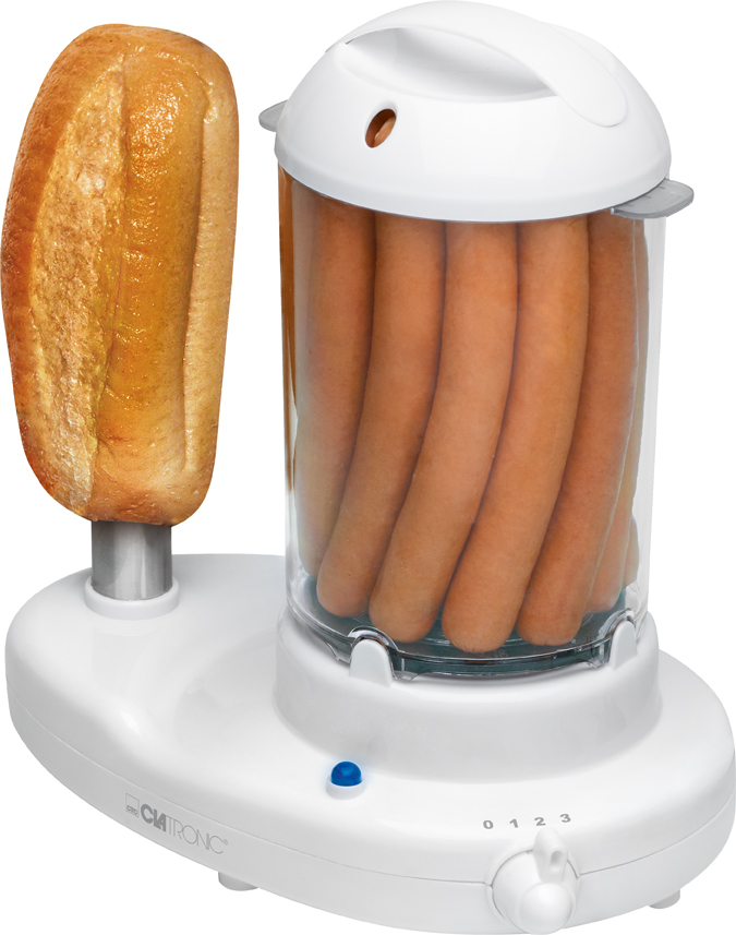 Ein Hotdog-Roller. Es enthält Hotdogs und einen Brötchenwärmer.