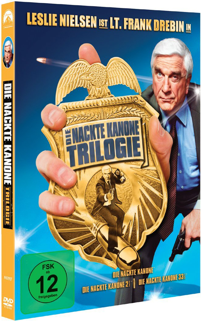 DVD-Cover: Leslie Nielsen in 'Die nackte Kanone'. Leslie hält ein Abzeichen. Blauer Hintergrund.