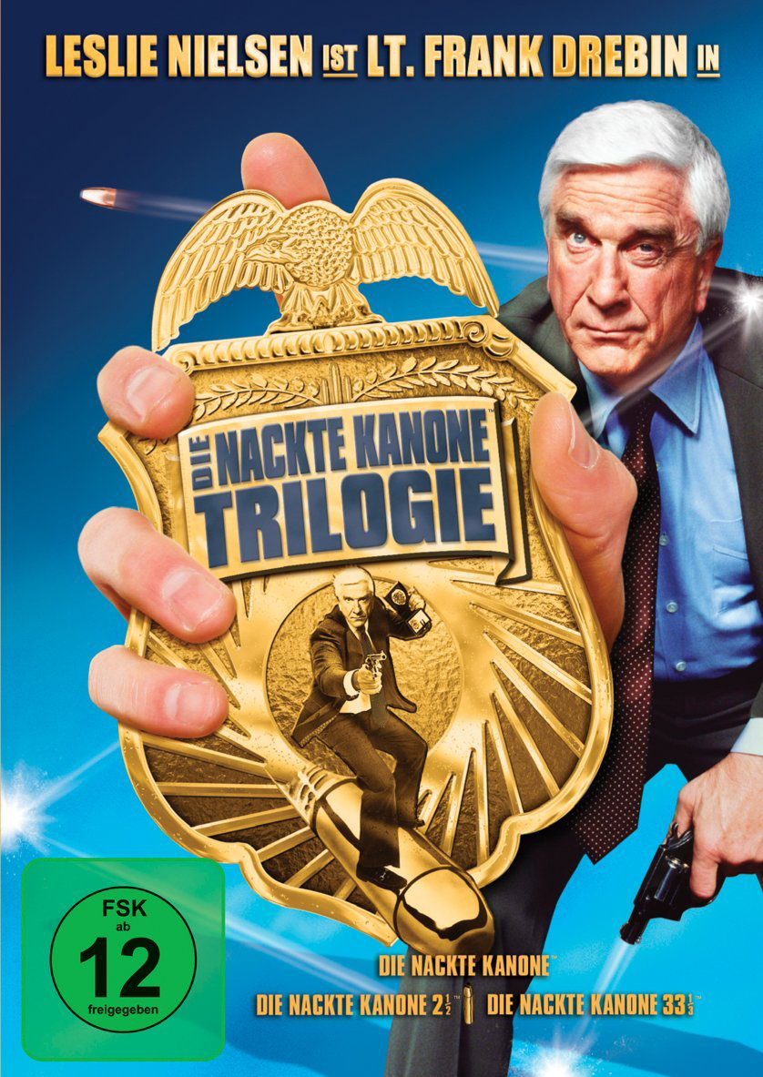 DVD-Cover: Leslie Nielsen mit Abzeichen und Pistole, Filmüberschrift.