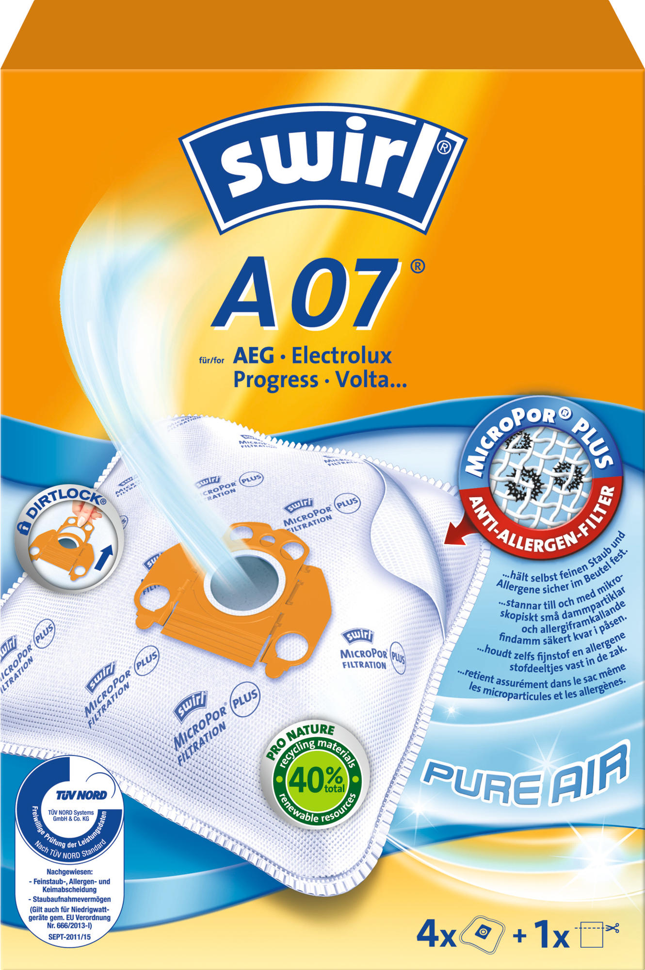 Swirl A07 Staubsaugerbeutel-Packung. Es zeigt einen weißen Beutel mit blauem und orangefarbenem Text.