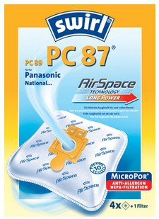 Staubsaugerbeutel-Verpackung mit dem Text 'swirl PC 87'. Weißer Beutel mit blauen Details.