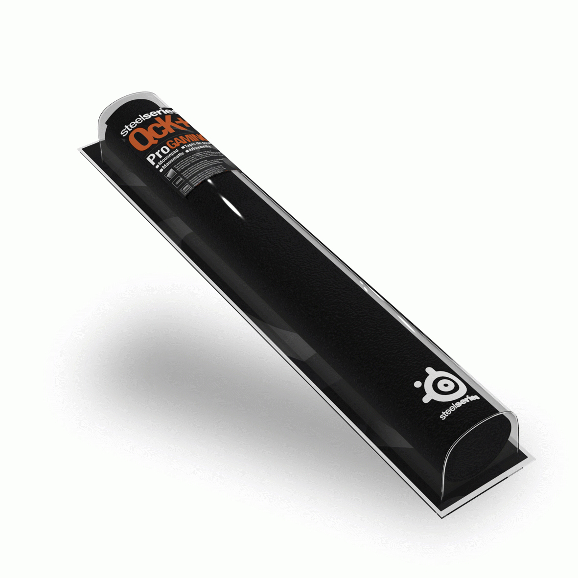 Mousepad: Black, rolled up in a clear plastic tube with logo and branding.