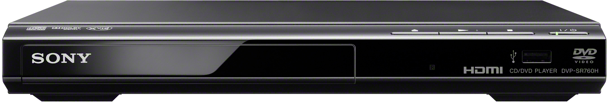 Schwarzer Sony DVD-Player. Er hat eine glänzende Front und Knöpfe. Das DVD-Video-Logo ist sichtbar.