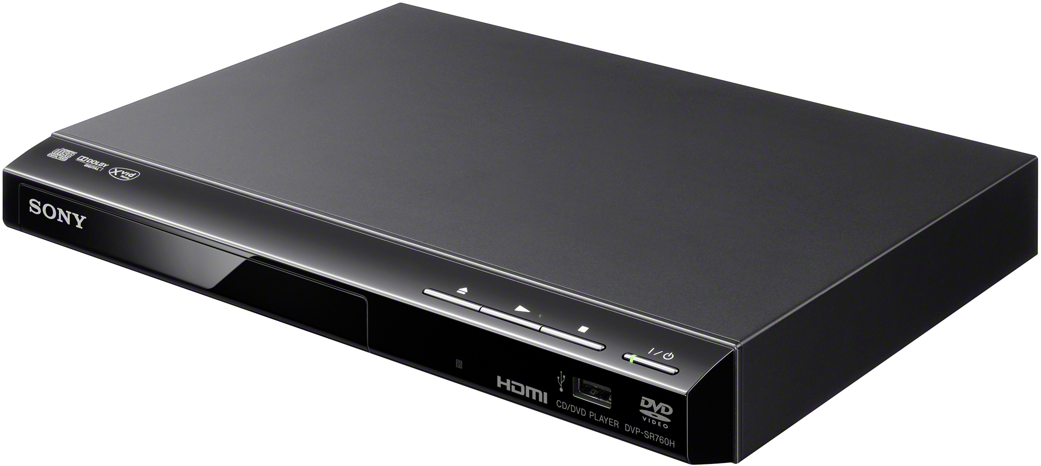 Schwarzer Sony DVD-Player mit Knöpfen und HDMI, CD/DVD-Player. Einfaches Design, glänzende Oberfläche.