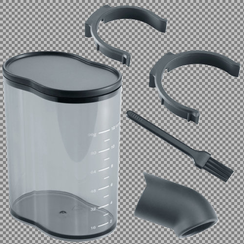 Graue Kunststoffteile für einen Mixer, einschließlich Behälter, Deckel und Bürste.