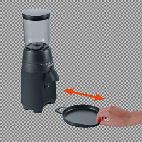 Schwarze Kaffeemühle mit transparentem Behälter. Eine Hand hält ein Tablett, was auf die Kaffeepulversammlung hindeutet.