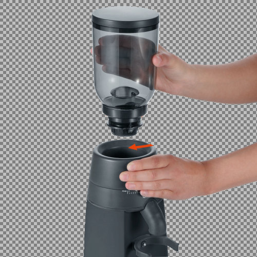 Hände, die eine Kaffeemühle zusammenbauen. Eine Hand hält den oberen Teil, die andere die Basis.