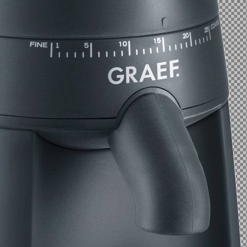 Nahaufnahme einer schwarzen Kaffeemühle mit einem Zifferblatt mit der Aufschrift 'GRAEF' und Zahlen.