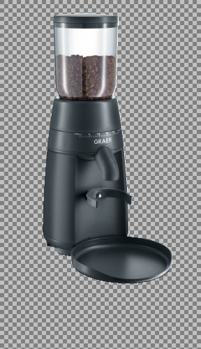 Eine schwarze Kaffeemühle mit einem durchsichtigen Bohnenbehälter oben. Unten befindet sich ein schwarzes Tablett.