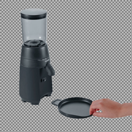 Schwarze Kaffeemühle, transparente Oberseite, Hand mit Tablett.