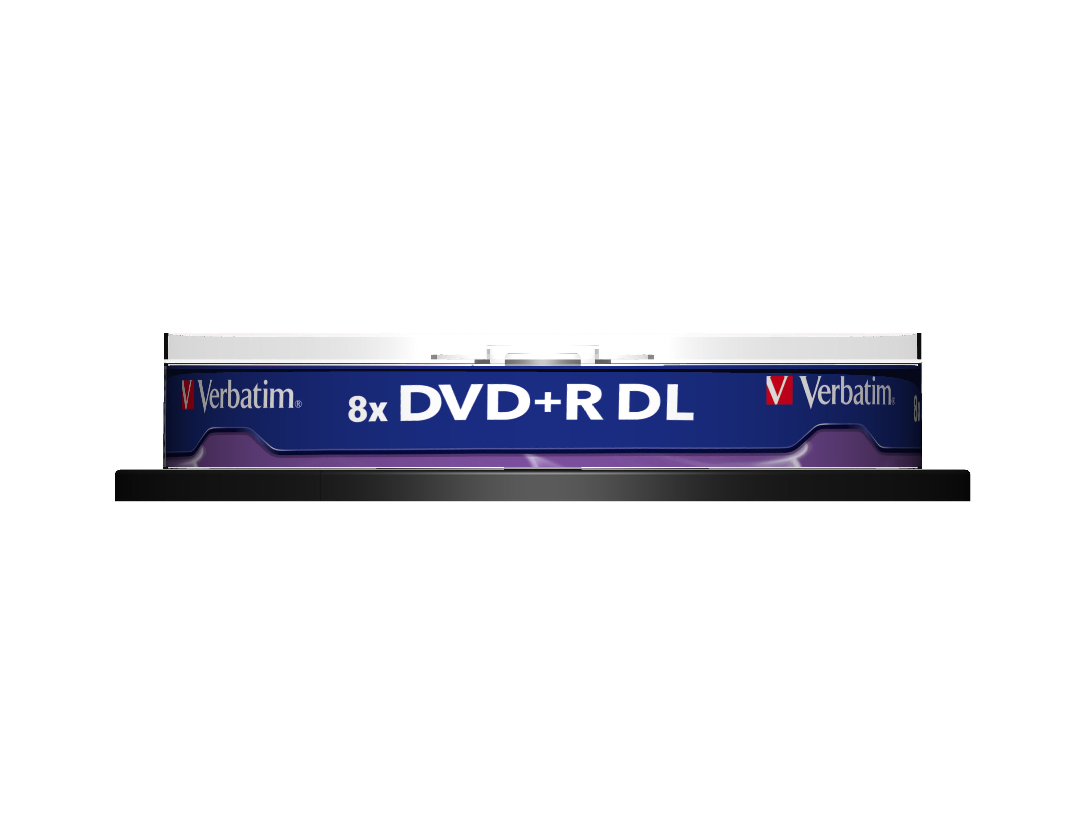 DVD+R DL-Disc-Hülle, blaues Etikett mit 'Verbatim'-Logo und Disc-Spezifikationen.