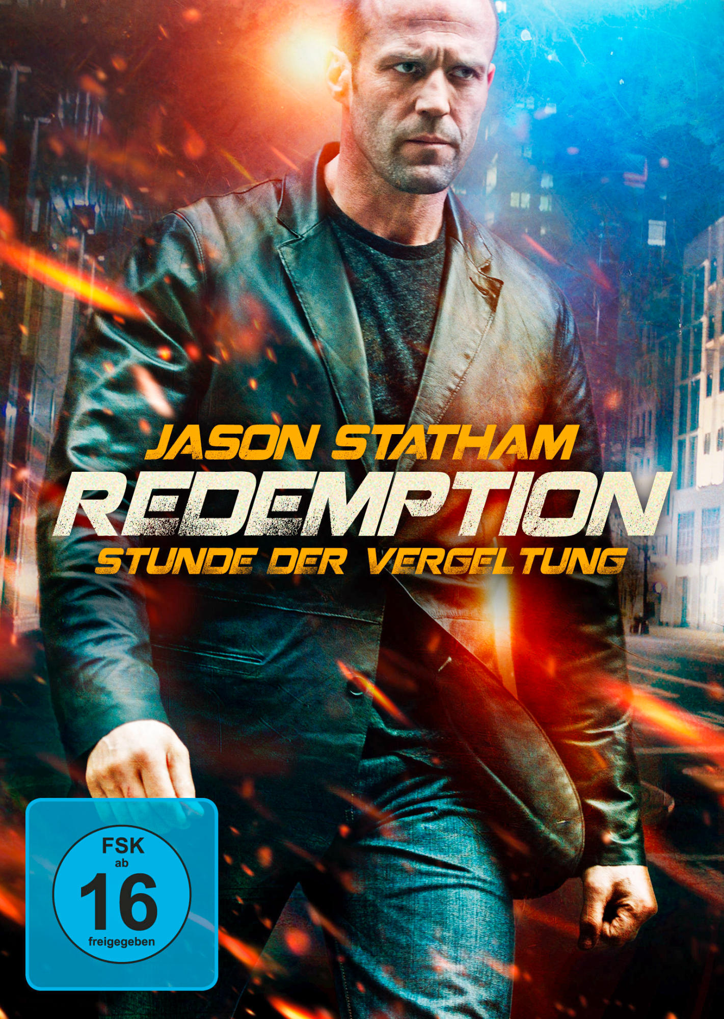 Filmposter mit Jason Statham. Titel: Redemption, mit Stadt-Hintergrund.