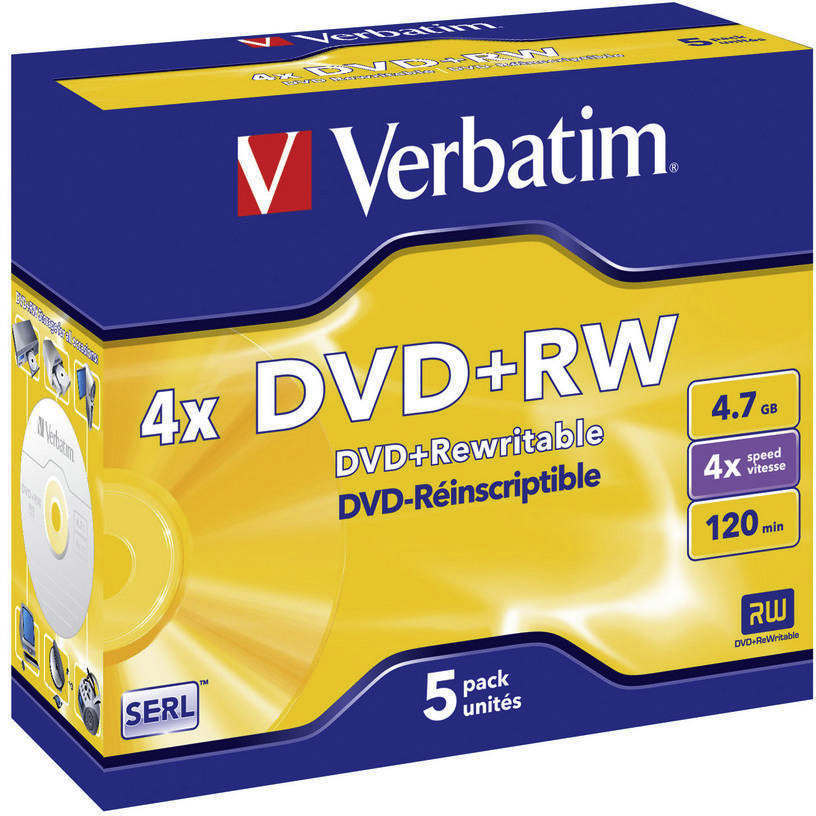 Eine Verbatim DVD+RW-Box, blau und gelb, mit einer DVD in der Mitte und Text.