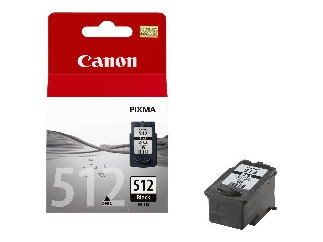 Canon 512 schwarze Tintenpatrone und ihre Verpackung. Weißer Hintergrund.