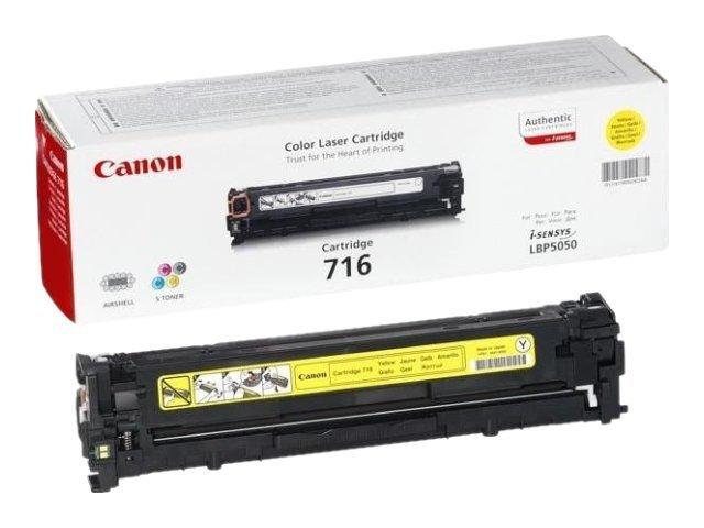 Canon 716 Farb-Laserkartusche in der Box. Eine schwarze Kartusche wird neben der Box mit gelben Etiketten gezeigt.