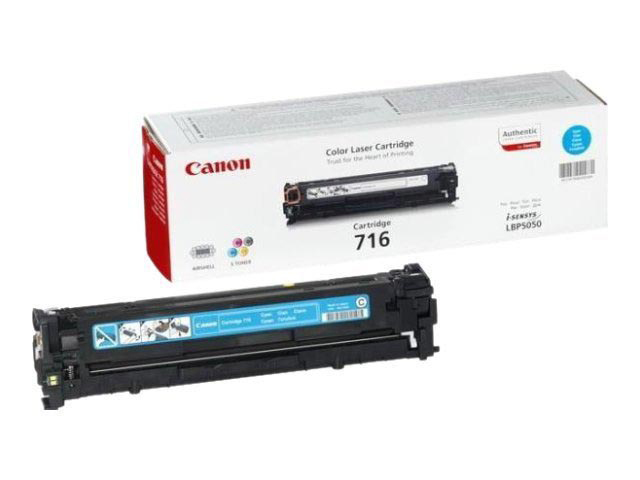 Cyanfarbene Canon 716-Kartusche mit Karton. Schwarze Kartusche ist aus der Verpackung.