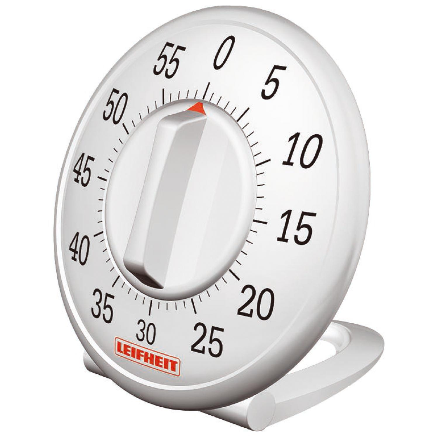 Weißer Küchentimer mit roter Anzeige und Griff. Zahlen von 0 bis 55.