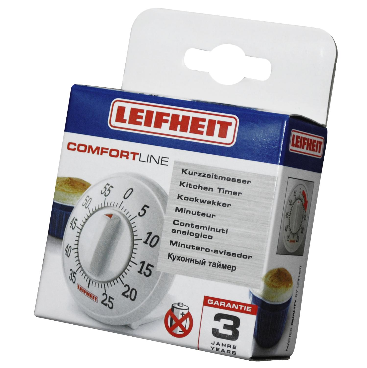 Blau-weißer Leifheit Küchentimer in Verpackung. Mit Zifferblatt und Timer-Funktion.