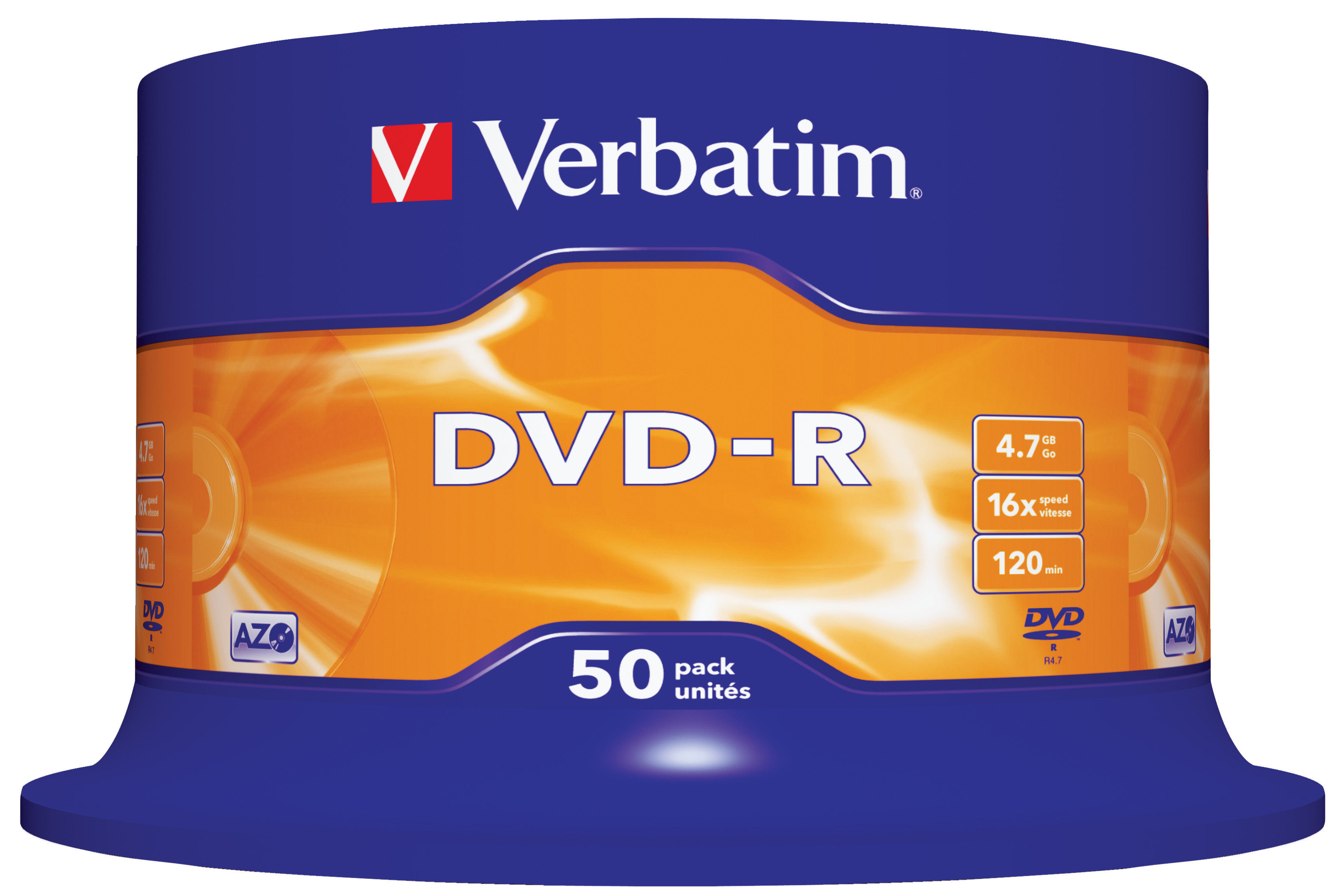 Verbatim DVD-R Disc-Packung. Eine blaue Verpackung mit orange-weißem Design, die 50 Discs enthält.