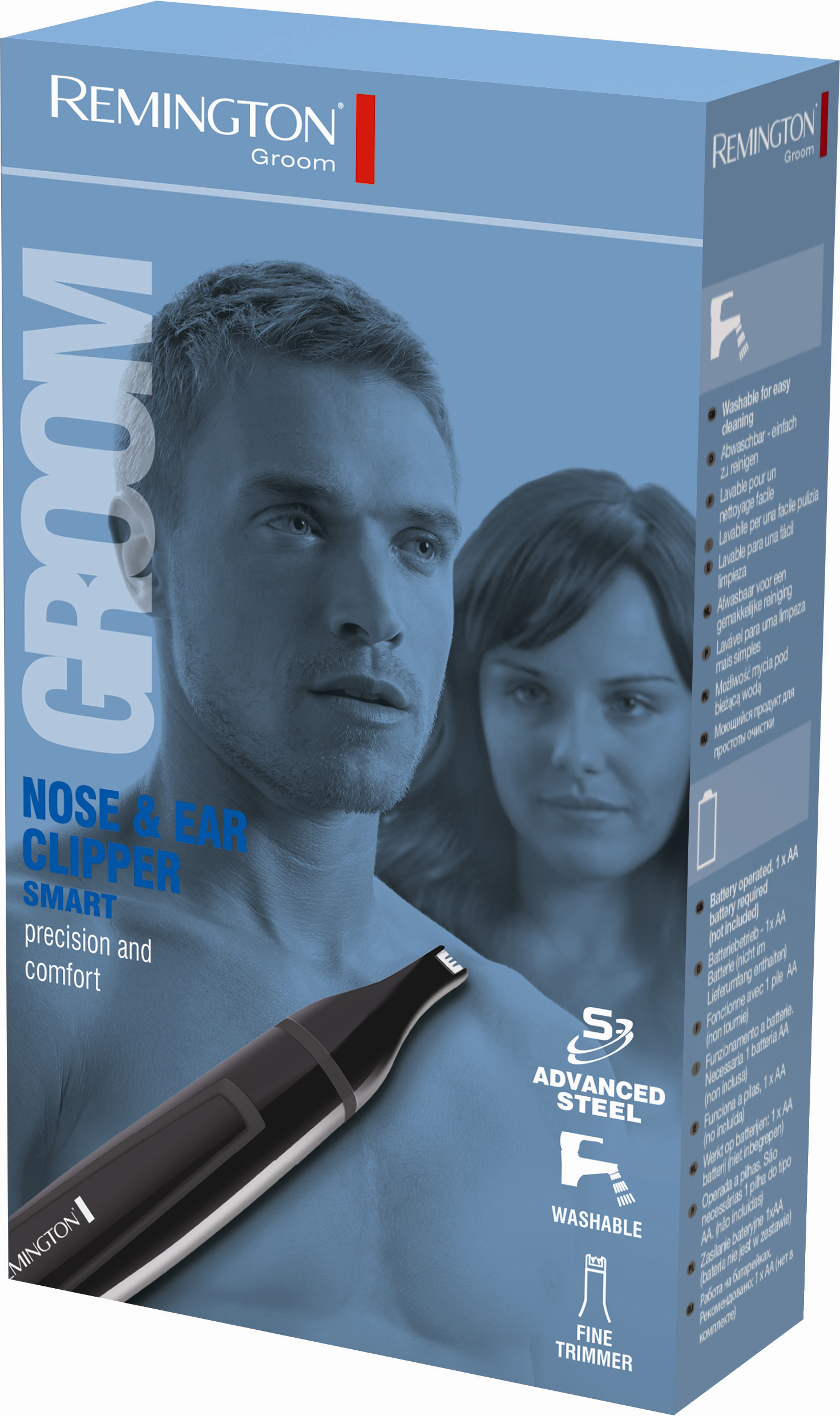 Schachtel mit Mann und Frau darauf, Nasen- und Ohrenschneider. Text lautet 'Groom' und 'Remington'.