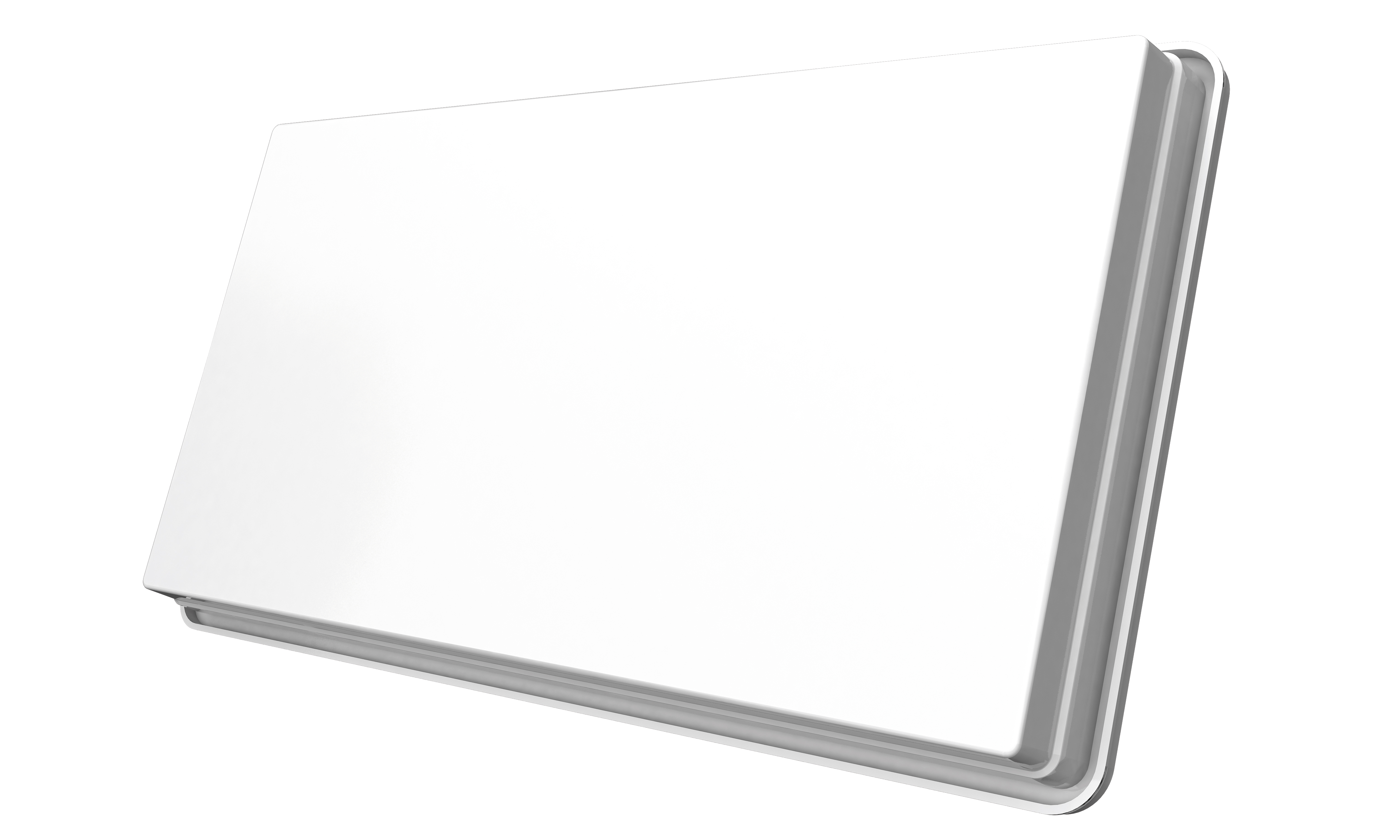 Ein weißes, rechteckiges Objekt, wahrscheinlich eine Schale oder Abdeckung, leicht angewinkelt.