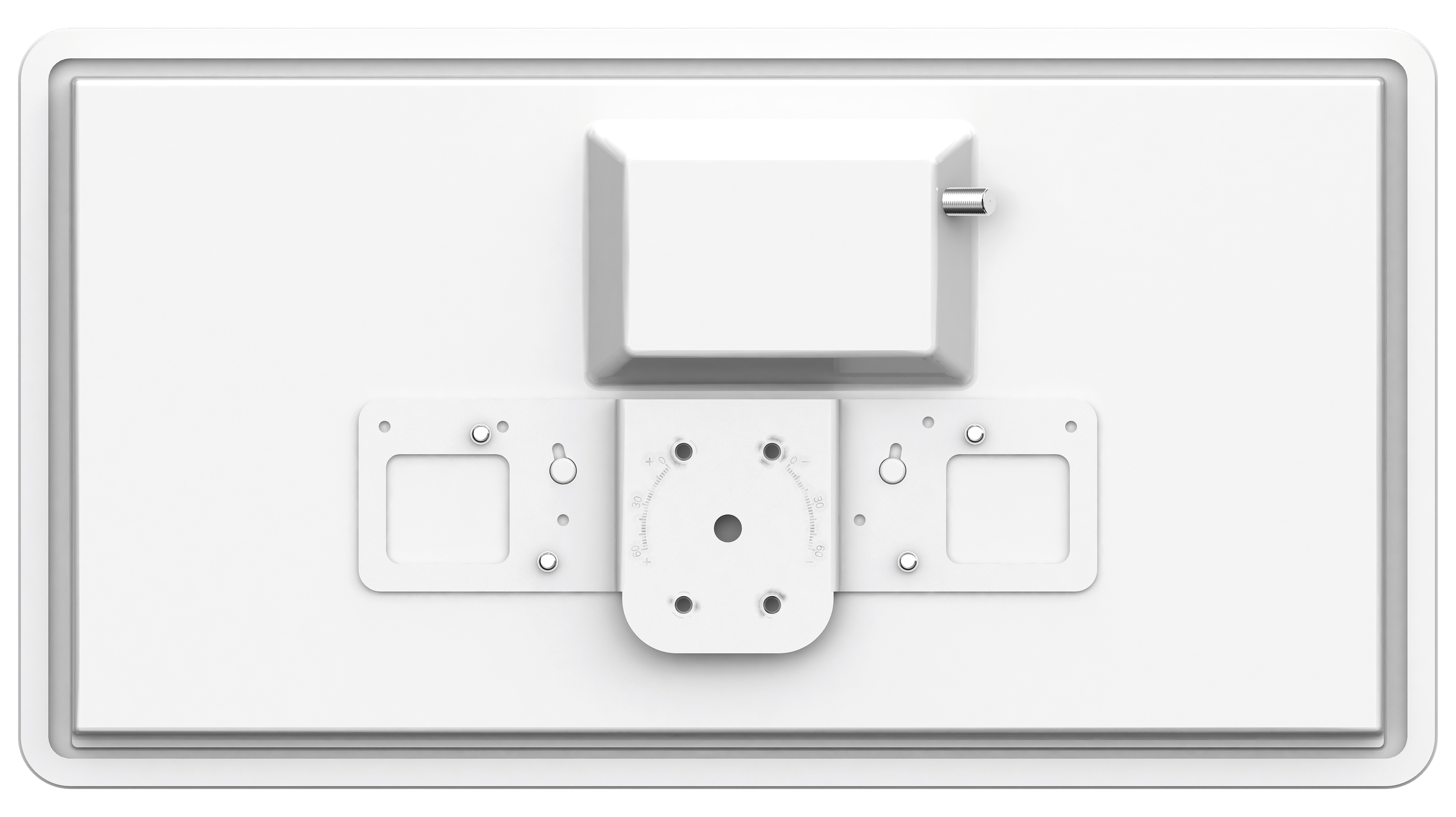 Weiße TV-Rückwand. Halterung mit Schrauben und Anschlüssen sichtbar.