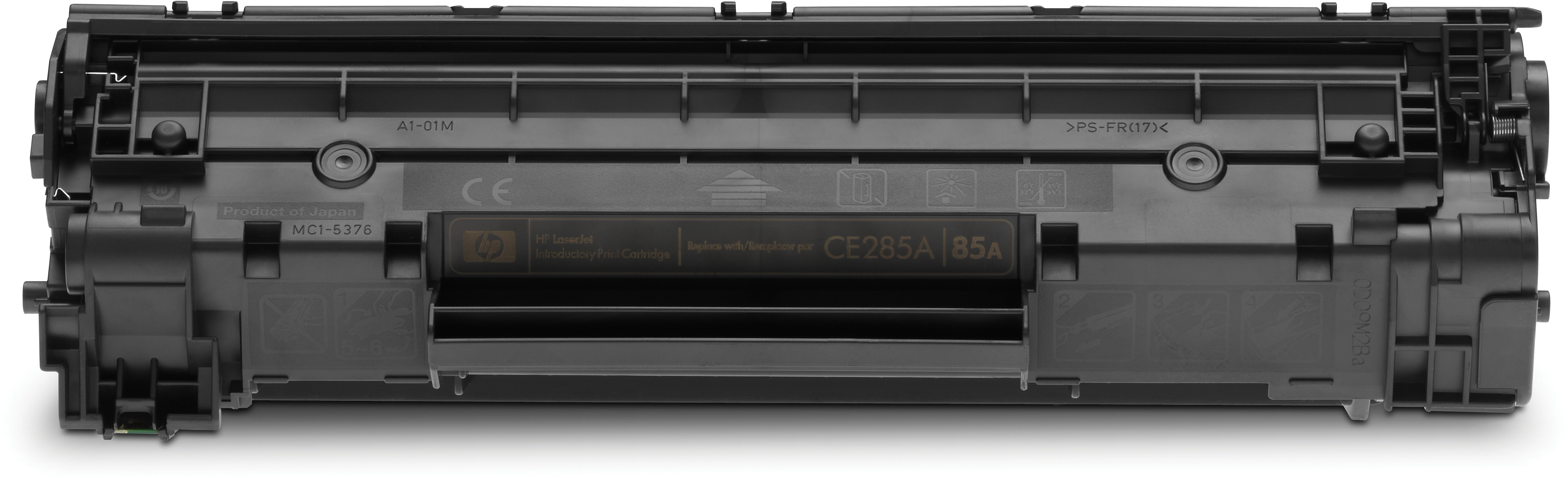 Schwarze HP-Druckerpatrone. Text: Ersetzen durch neue Druckpatrone CE285A 85A.