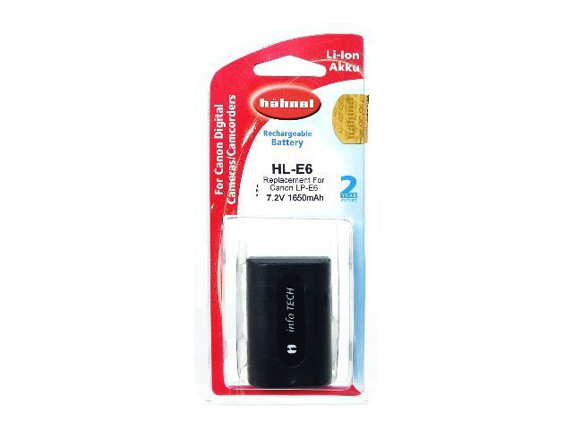 Canon Kamera Akku-Verpackung, schwarzer Akku innen, weißer Hintergrund.