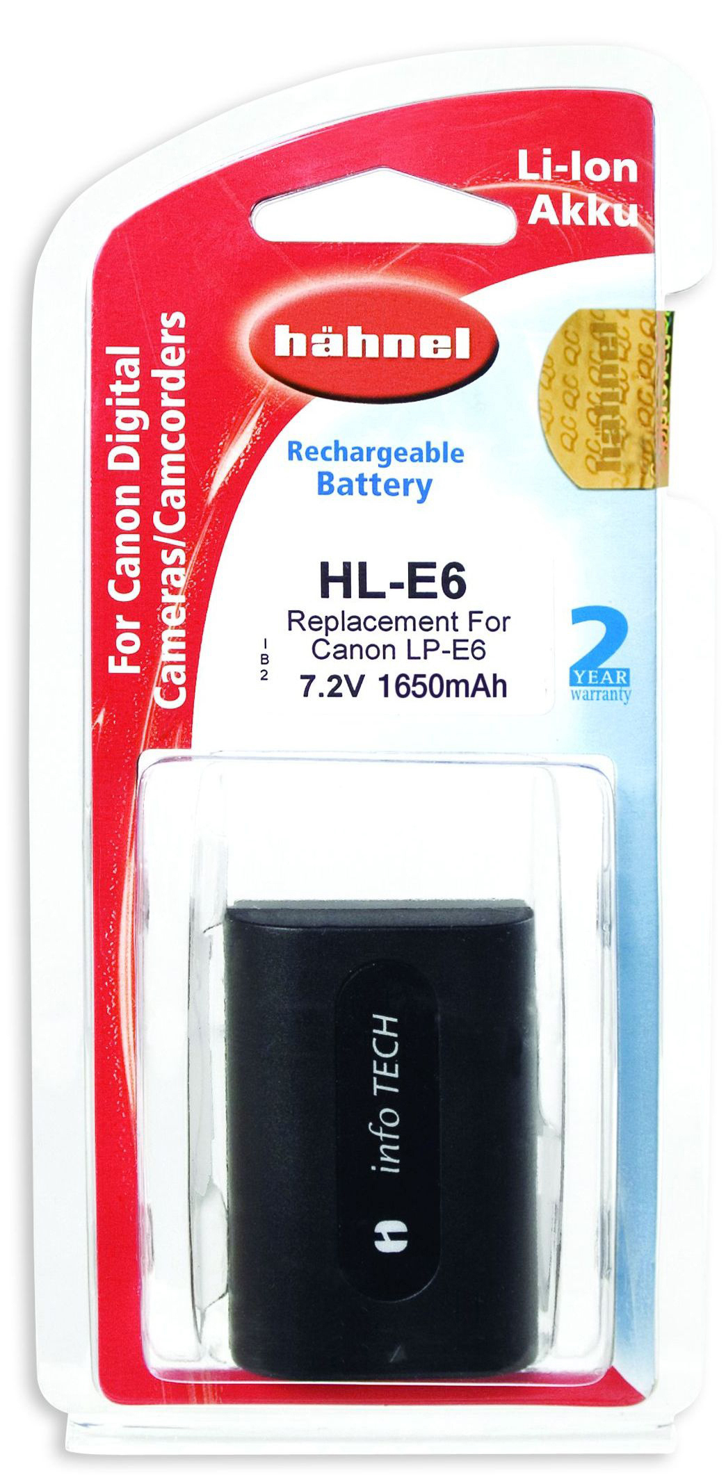 Akkupack für Canon Digitalkameras. Verpackt in einer Blisterpackung, weiß und rot.