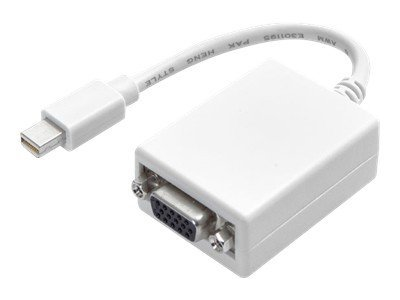 Een witte adapter, mini-displaypoort naar VGA, met connectoren en kabel.