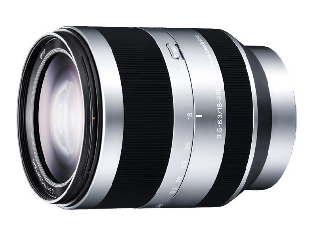 Camera lens with black and silver stripes. The lens has a glass front. The lens has numbers and letters.
