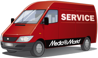 Roter Media Markt Service-Van mit weißem 'SERVICE'-Text.