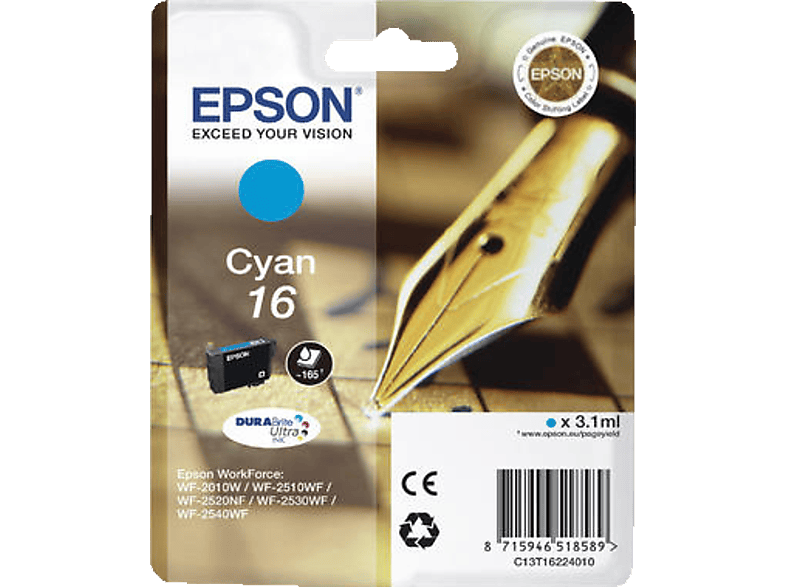 EPSON Füller, 16, Cyan, C13T16224012; Tintenpatrone