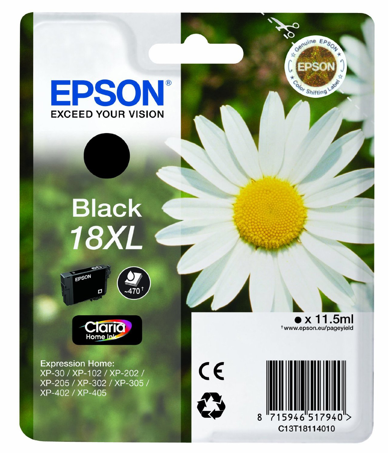 Eine Epson Tintenpatronenverpackung mit einer schwarzen Tintenpatrone und einem Gänseblümchen-Bild.