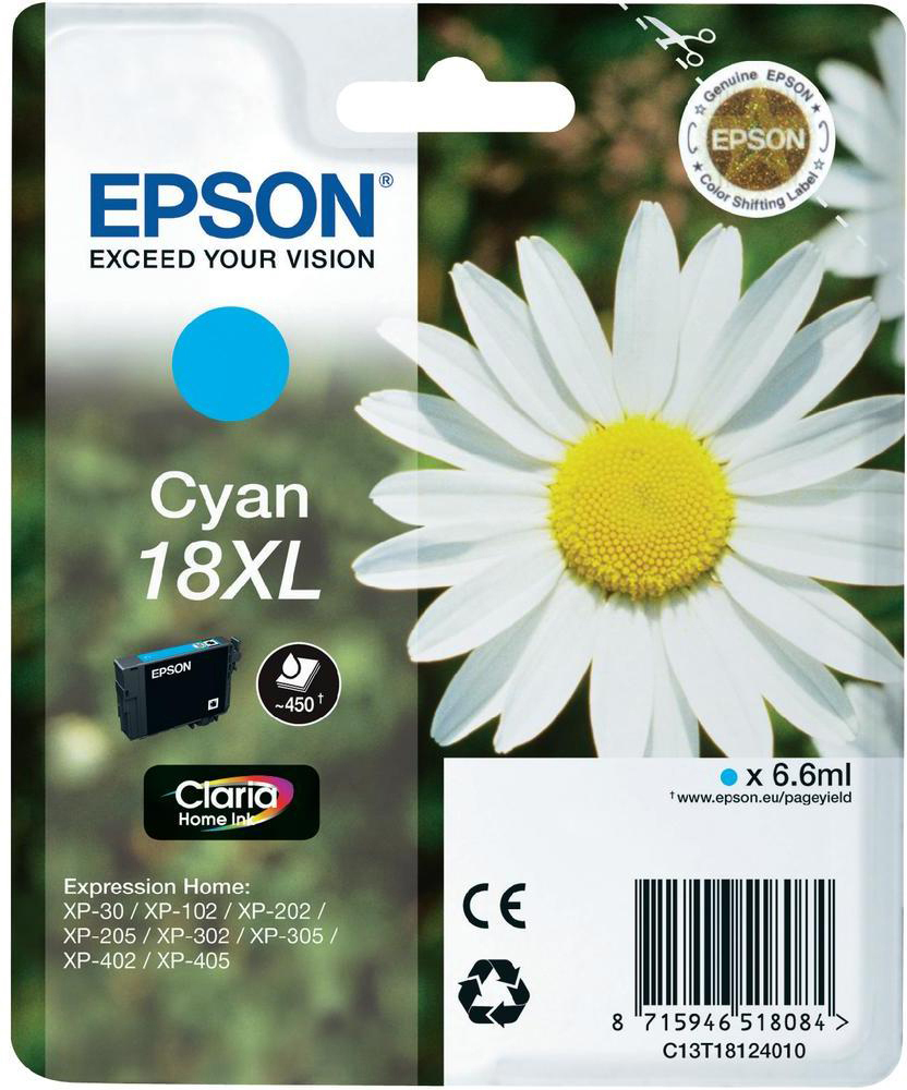 Epson Cyan 18XL Tintenpatrone. Gänseblümchen und Produktdetails werden angezeigt.