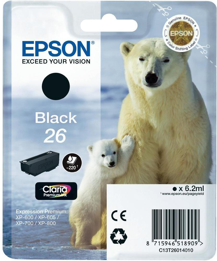 Epson Tintenpatronenpackung. Eisbär und Junges auf schneebedecktem Hintergrund, mit schwarzer Tintenpatrone.
