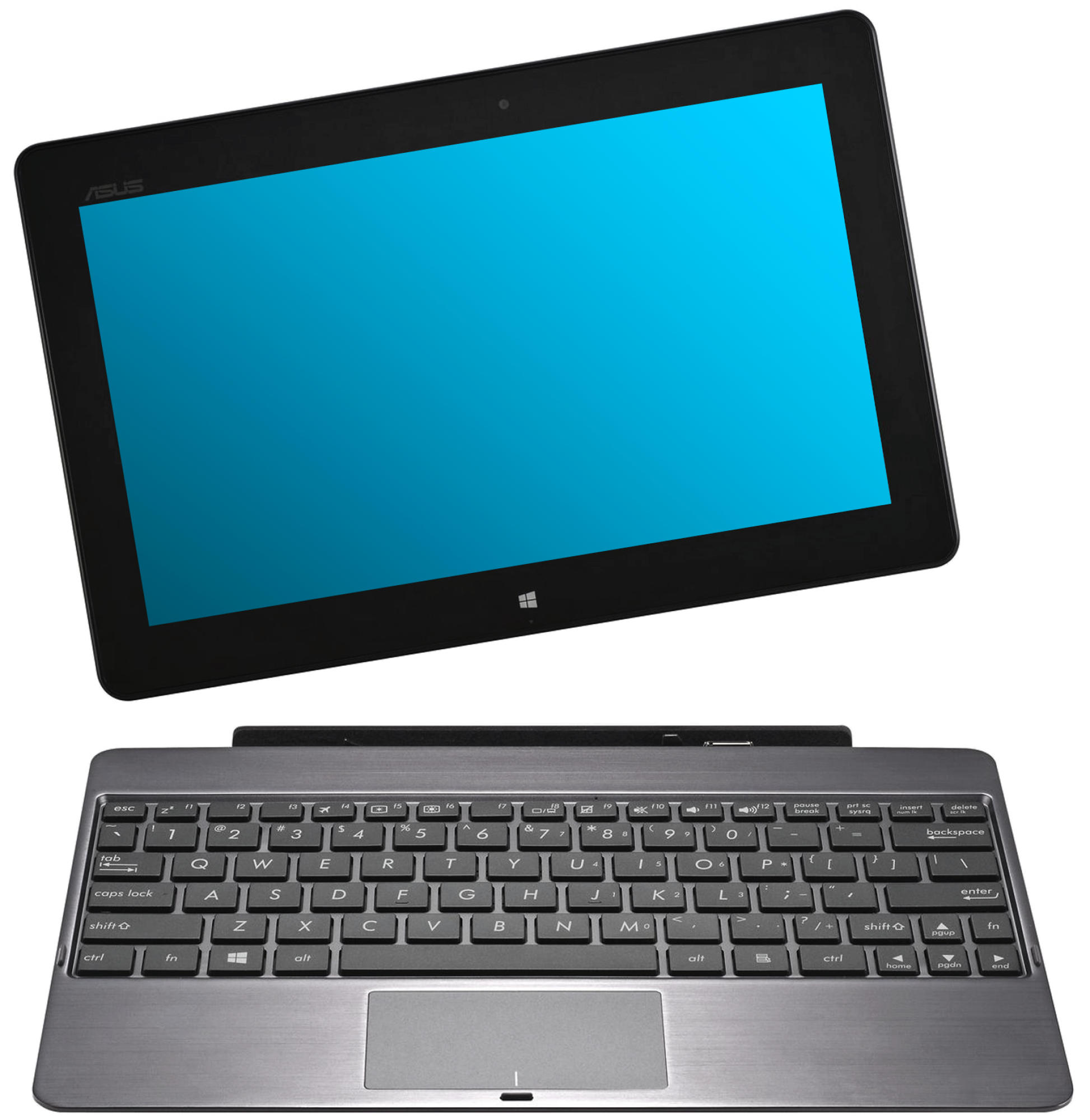 Schwarzes Asus-Tablet mit Tastatur. Tablet hat einen blauen Bildschirm. Tastatur hat graue Tasten und Touchpad.