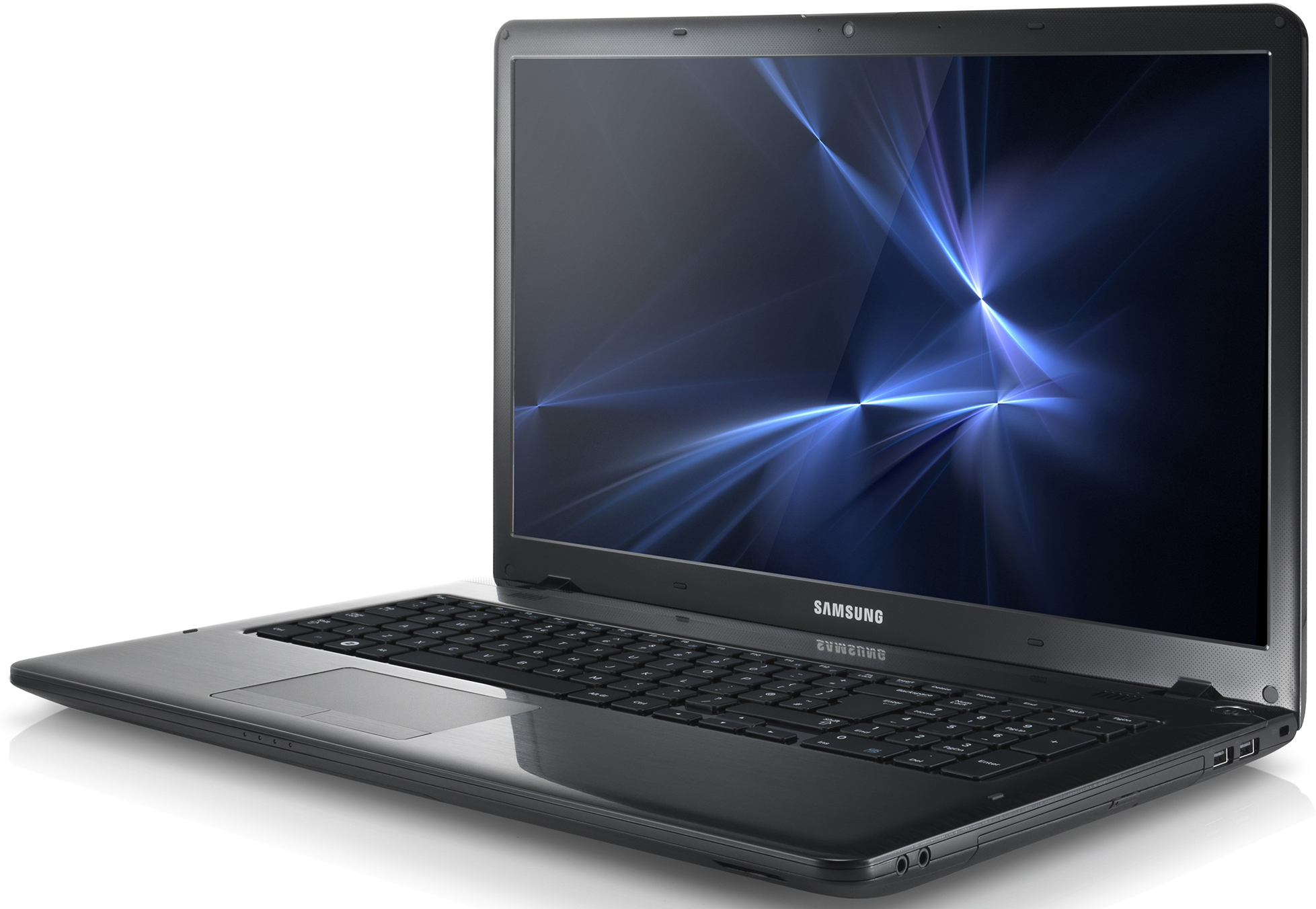 Schwarzer Samsung Laptop mit blau-weißem Design auf dem Bildschirm. Geöffnet und angewinkelt.