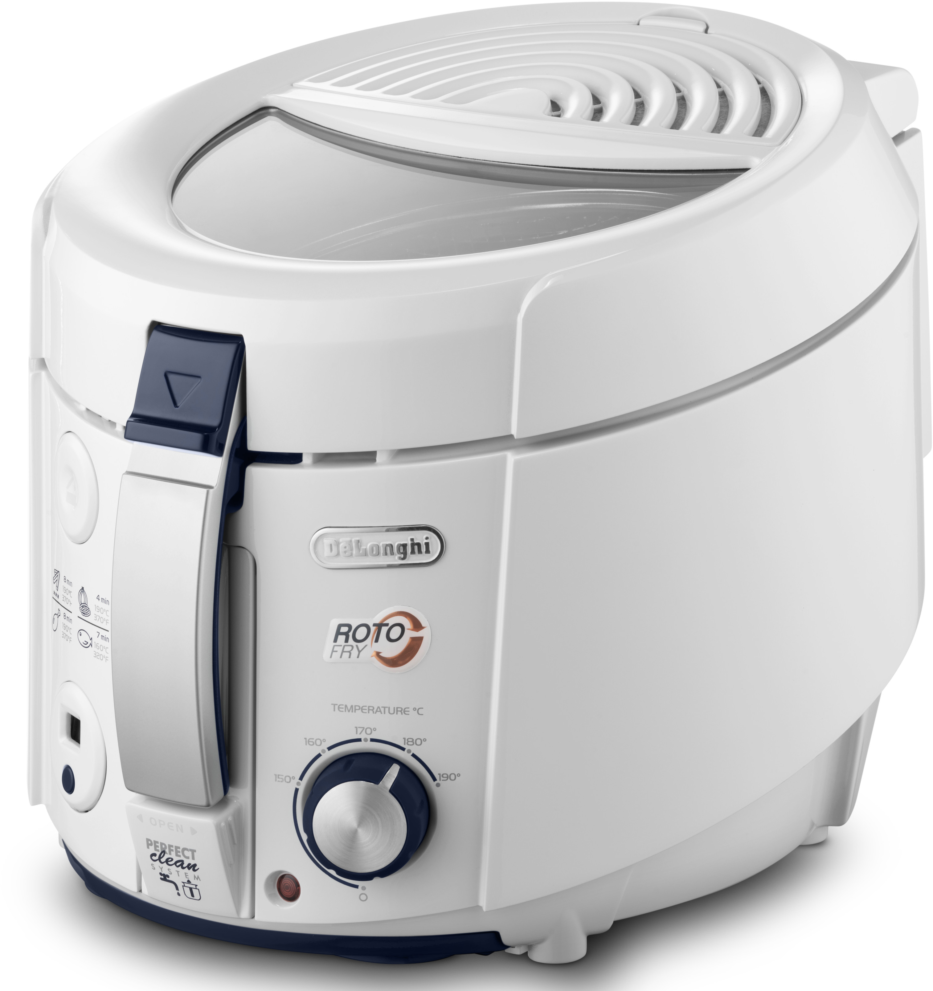 Weißer DeLonghi Roto Fry-Frittierer mit Bedienfeld und transparentem Sichtfenster.