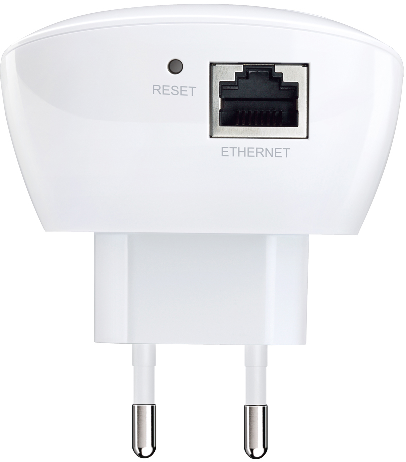 White WiFi extender with Ethernet port and reset button. Plug design.