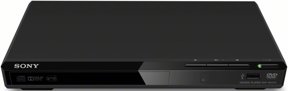 Schwarzer Sony DVD-Player, Draufsicht, mit Logo und Knöpfen, weißer Hintergrund.